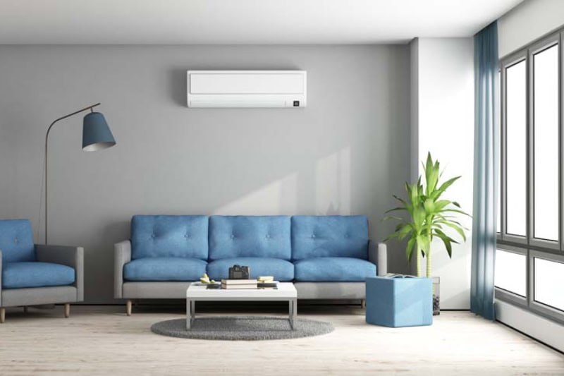 Ductless AC mounted to living room wall of home in Tarrant County, to provide better indoor air quality.
