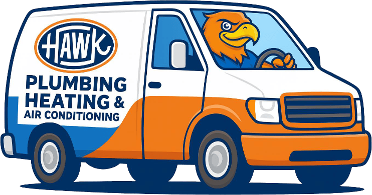 Hawk Plumbing Heating & Air Conditioning mascot driving a company vehicle for HVAC and plumbing service calls.